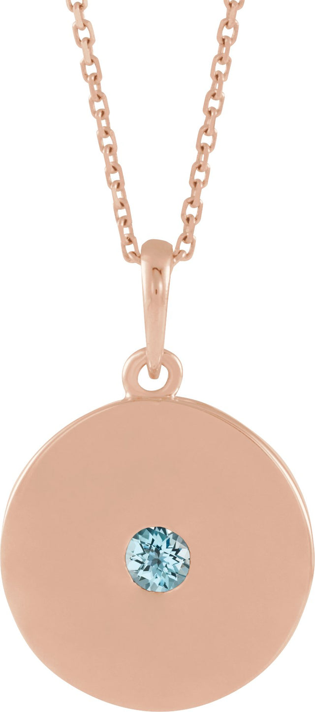 14K Gold Round Natural Sky Blue Topaz Disc Necklace or Pendant - Rose Gold