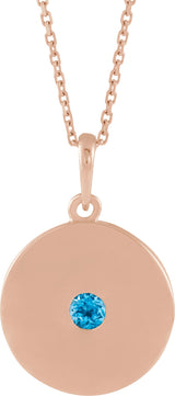 14K Gold Round Natural Swiss Blue Topaz Disc Necklace or Pendant - Rose Gold