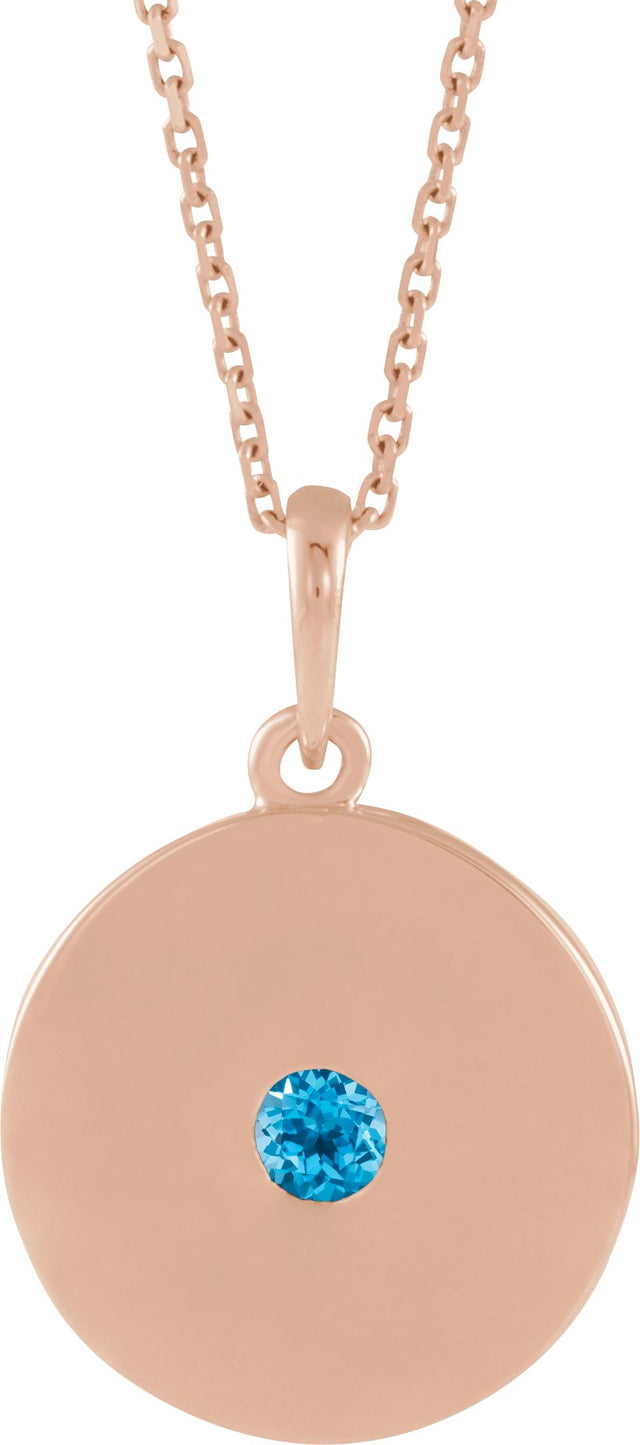 14K Gold Round Natural Swiss Blue Topaz Disc Necklace or Pendant - Rose Gold