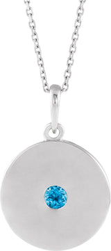 Platinum Round Natural Swiss Blue Topaz Disc Necklace or Pendant