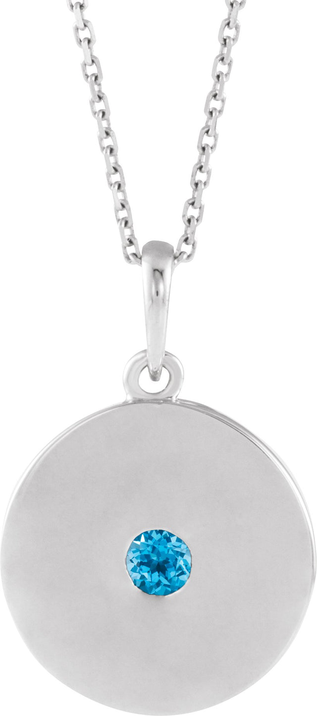 14K Gold Round Natural Swiss Blue Topaz Disc Necklace or Pendant - White Gold
