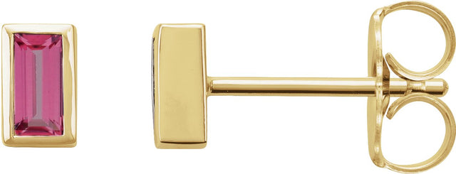 14K Gold Natural Pink Tourmaline Straight Baguette Bezel-Set Stud Earrings - Yellow Gold