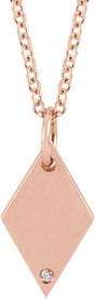 14K Gold Round Natural Diamond Engravable Rhombus Necklace or Pendant - Rose Gold