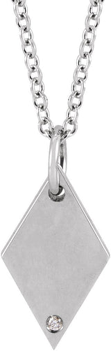 14K Gold Round Natural Diamond Engravable Rhombus Necklace or Pendant - White Gold