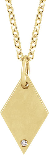 14K Gold Round Natural Diamond Engravable Rhombus Necklace or Pendant - Yellow Gold