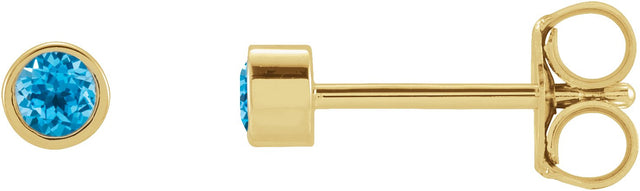 14K Gold Natural Swiss Blue Topaz Round Micro Bezel-Set Stud Earrings - Yellow Gold