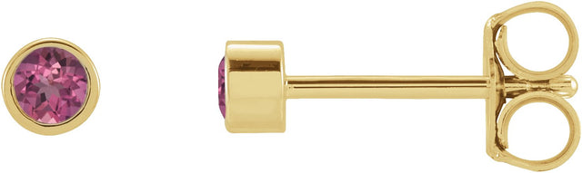 14K Gold Natural Pink Tourmaline Round Micro Bezel-Set Stud Earrings - Yellow Gold