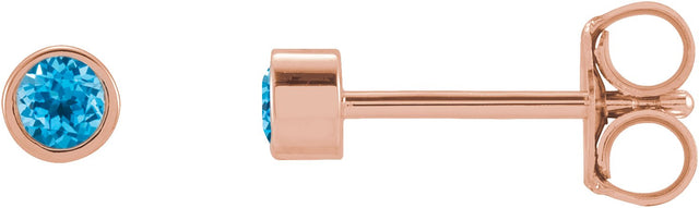 14K Gold Natural Swiss Blue Topaz Round Micro Bezel-Set Stud Earrings – 2-2.5mm Stones - Rose Gold