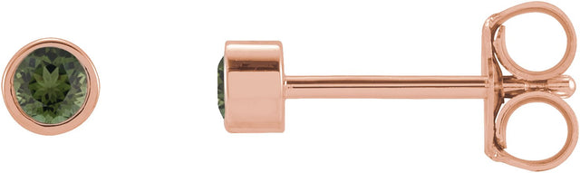 14K Gold Natural Green Tourmaline Round Micro Bezel-Set Stud Earrings – 2-2.5mm Stones - Rose Gold