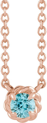 14K Gold Round Natural Blue Zircon Claw-Prong Rope Necklace - Rose Gold