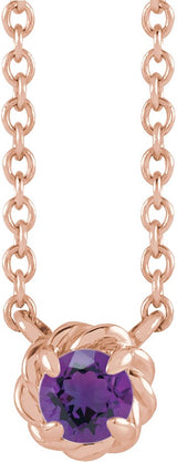 14K Gold Round Natural Amethyst Claw-Prong Rope Necklace - Rose Gold