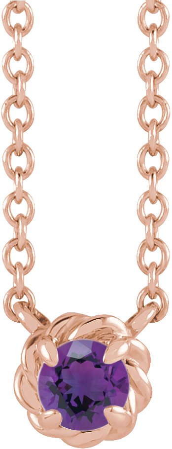 14K Gold Round Natural Amethyst Claw-Prong Rope Necklace - Rose Gold