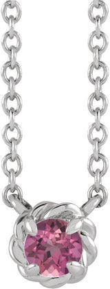 14K Gold Round Natural Pink Tourmaline Claw-Prong Rope Necklace - White Gold