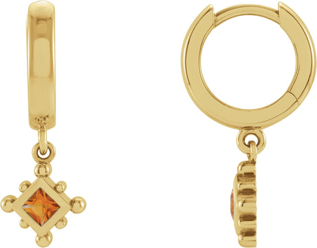 14K Gold Square Natural Citrine Beaded Bezel-Set Hoop Earrings - Yellow Gold
