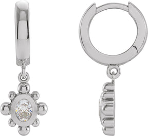 Platinum Oval Natural Diamond Beaded Bezel-Set Hinged Hoop Earrings