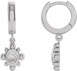 14K Gold Oval Natural Diamond Beaded Bezel-Set Hinged Hoop Earrings - White Gold