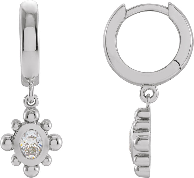 14K Gold Oval Natural Diamond Beaded Bezel-Set Hinged Hoop Earrings - White Gold