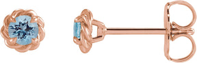 14K Gold Natural Aquamarine Round 4-Prong Claw Rope Stud Earrings - Rose Gold