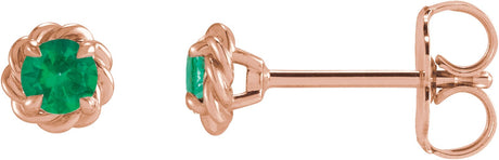 14K Gold Natural Emerald Round 4-Prong Claw Rope Stud Earrings - Rose Gold