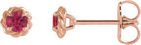 14K Gold Natural Ruby Round 4-Prong Claw Rope Stud Earrings - Rose Gold