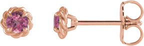 14K Gold Natural Pink Tourmaline Round 4-Prong Claw Rope Stud Earrings - Rose Gold
