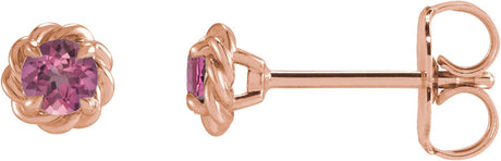 14K Gold Natural Pink Tourmaline Round 4-Prong Claw Rope Stud Earrings - Rose Gold