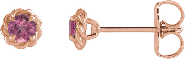 14K Gold Natural Pink Tourmaline Round 4-Prong Claw Rope Stud Earrings - Rose Gold