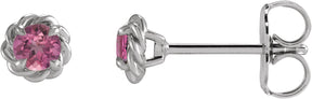 Platinum Natural Pink Tourmaline Round 4-Prong Claw Rope Stud Earrings