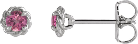 Platinum Natural Pink Tourmaline Round 4-Prong Claw Rope Stud Earrings