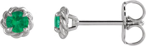 Platinum Natural Emerald Round 4-Prong Claw Rope Stud Earrings
