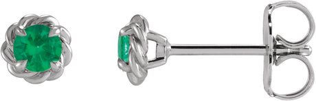 Platinum Lab-Grown Emerald Round 4-Prong Claw Rope Stud Earrings