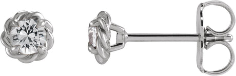 14K Gold Natural White Sapphire Round 4-Prong Claw Rope Stud Earrings - White Gold