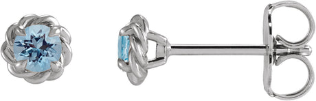 Platinum Natural Aquamarine Round 4-Prong Claw Rope Stud Earrings