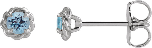 Platinum Natural Aquamarine Round 4-Prong Claw Rope Stud Earrings