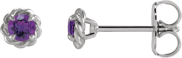 Platinum Natural Amethyst Round 4-Prong Claw Rope Stud Earrings