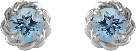 Platinum Natural Aquamarine Round 4-Prong Claw Rope Stud Earrings - view 2