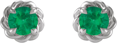 Platinum Lab-Grown Emerald Round 4-Prong Claw Rope Stud Earrings - view 2