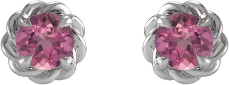 Platinum Natural Pink Tourmaline Round 4-Prong Claw Rope Stud Earrings - view 2