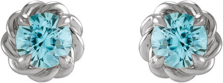 Platinum Natural Blue Zircon Round 4-Prong Claw Rope Stud Earrings - view 2