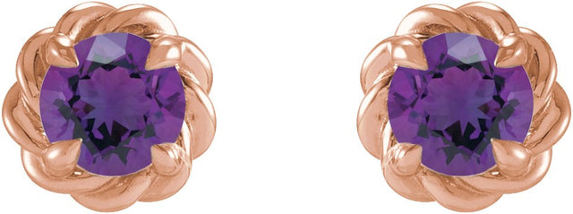 14K Gold Natural Amethyst Round 4-Prong Claw Rope Stud Earrings - Rose Gold - view 2