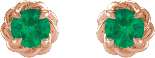14K Gold Lab-Grown Emerald Round 4-Prong Claw Rope Stud Earrings - Rose Gold - view 2