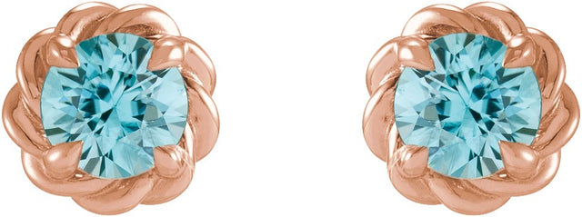 14K Gold Natural Blue Zircon Round 4-Prong Claw Rope Stud Earrings - Rose Gold - view 2