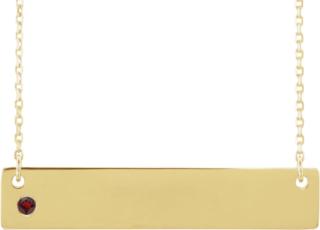 14K Gold Round Natural Mozambique Garnet Engravable Family Bar Necklace - Yellow Gold