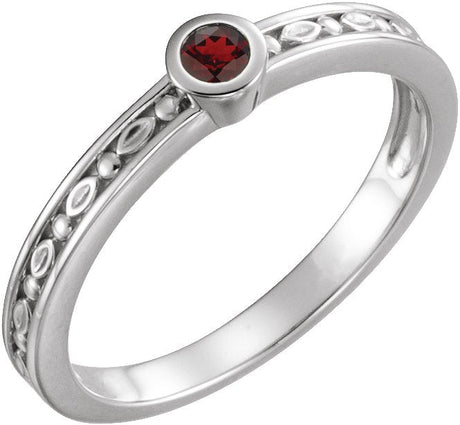 14K Gold Round Natural Mozambique Garnet Family Stackable Ring - White Gold