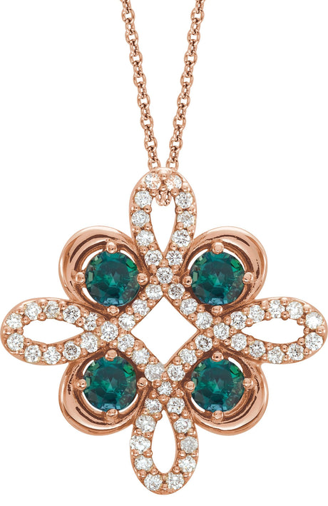 14K Gold Round Natural Alexandrite Clover Necklace or Pendant - Rose Gold