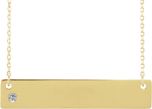 14K Gold Round Natural White Sapphire Engravable Family Bar Necklace - Yellow Gold