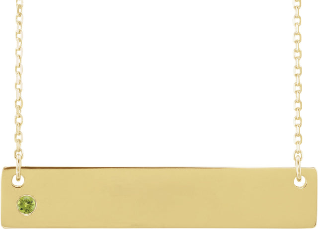 14K Gold Round Natural Peridot Engravable Family Bar Necklace - Yellow Gold