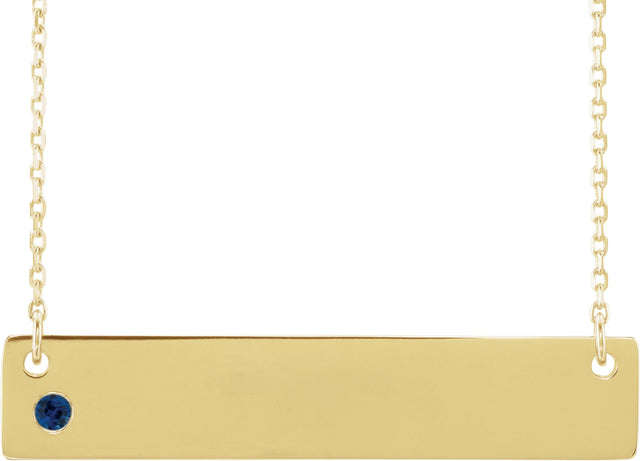 14K Gold Round Lab-Grown Blue Sapphire Engravable Family Bar Necklace - Yellow Gold
