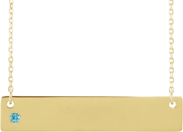 14K Gold Round Natural Blue Zircon Engravable Family Bar Necklace - Yellow Gold