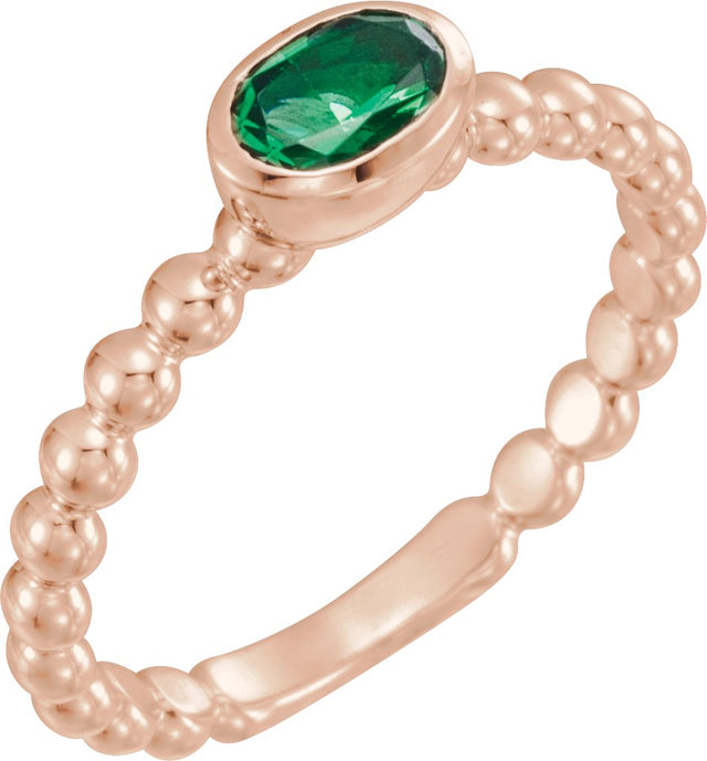 14K Gold Oval Lab-Grown Emerald Family Beaded Stackable Ring - Rose Gold